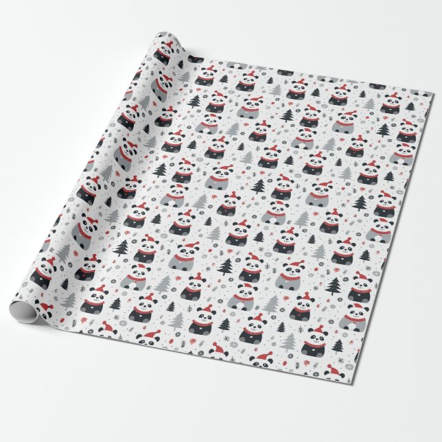 Nordic Panda Santa Winter holiday pattern  Wrapping Paper (Unrolled)