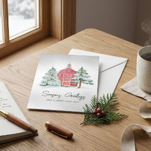 Nordic Pines Watercolor Red Barn Christmas Tree Holiday Card