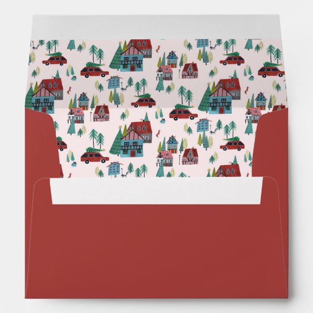 Nordic Pink Red skating Village Christmas Pattern Envelope (Back (Bottom))