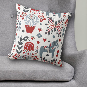 Nordic Pony and Floral Pattern in Grey and Red Cushion