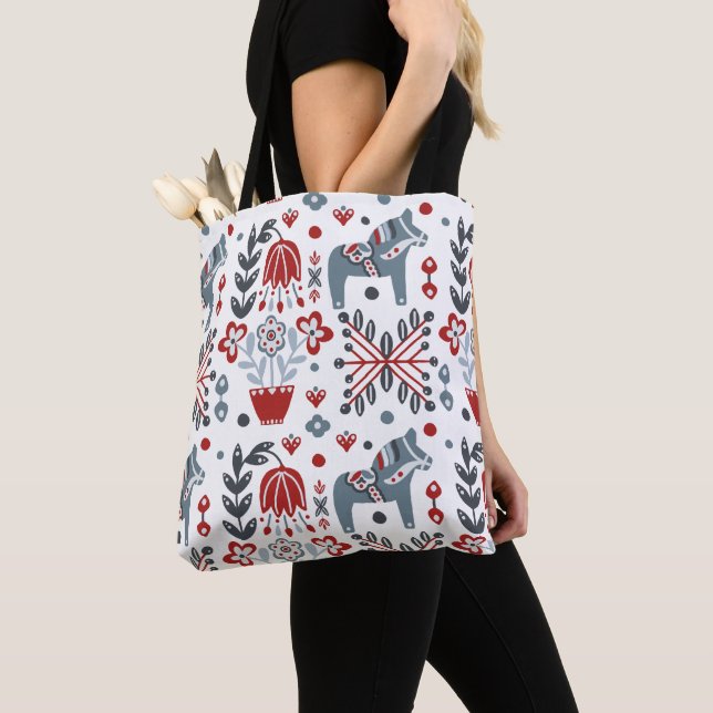 Nordic Pony Floral Pattern in Grey and Red Tote Bag (Close Up)