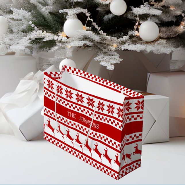 Nordic Print Reindeer Red Personalised Christmas Large Gift Bag (Creator Uploaded)
