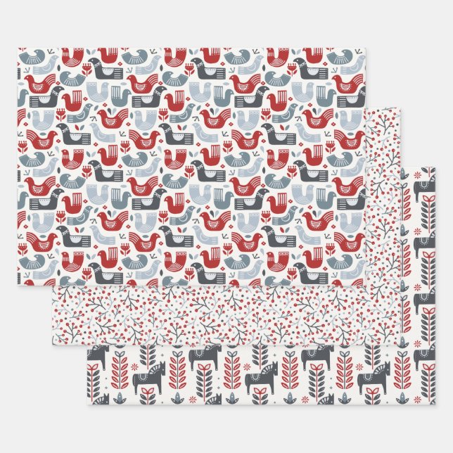 Nordic Red and Blue Winter Pattern Wrapping Paper Sheet (Set)