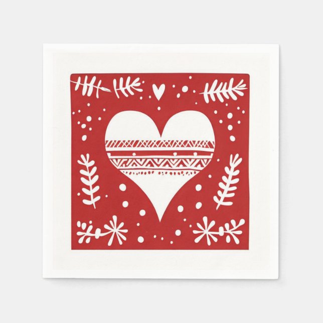 Nordic Red and White Christmas Heart  Napkin (Front)