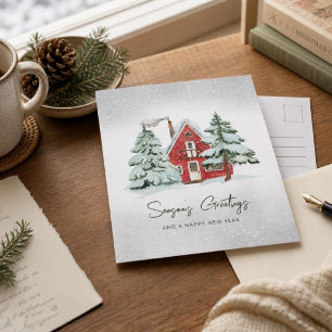 Nordic Red Barn Snowflakes Pine Forest Christmas Holiday Postcard