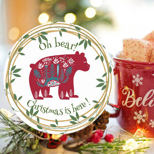 Nordic Red Bear Green Wreath Christmas Quote  Classic Round Sticker