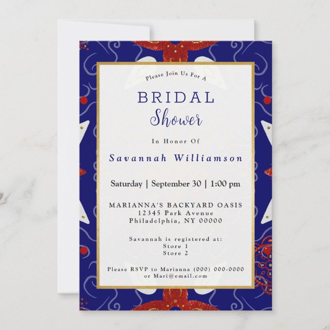 Nordic Red Blue Gold White Bridal Shower Invitation (Front)