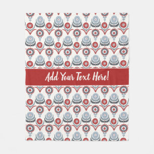 Nordic Red White Blue Charcoal Grey Flowers Fleece Blanket