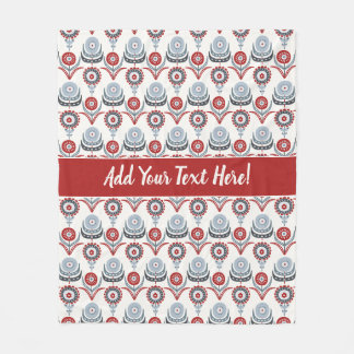 Nordic Red White Blue Charcoal Grey Flowers Fleece Blanket