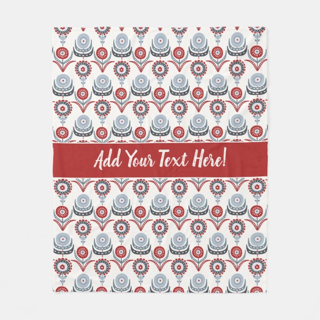 Nordic Red White Blue Charcoal Grey Flowers Fleece Blanket (Front)
