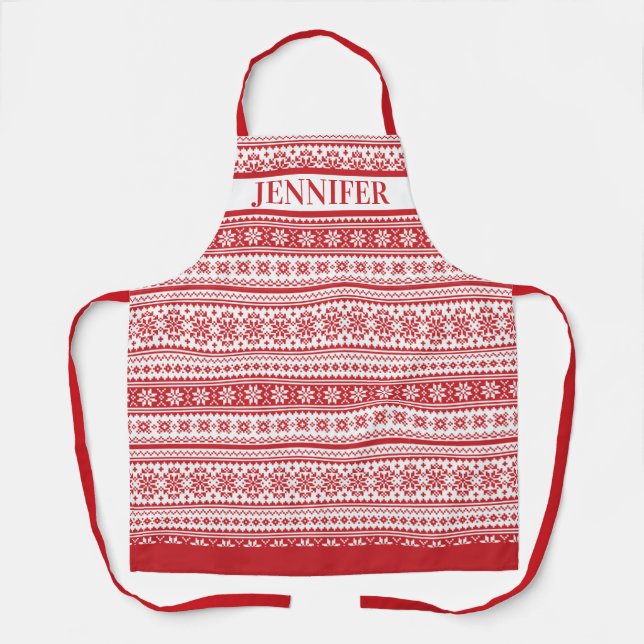 Nordic Red White Traditional Holiday Personalised  Apron (Front)