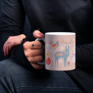 Nordic Reindeer Christmas Floral Beige Blush Coffee Mug