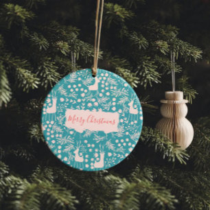 Nordic Reindeer Floral Blush on Teal Christmas Ceramic Tree Decoration