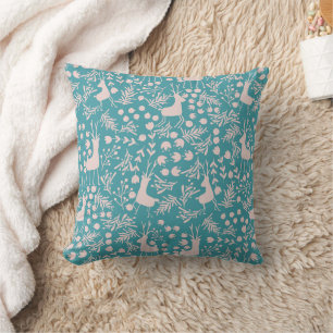 Nordic Reindeer Floral Blush on Teal Christmas P Cushion