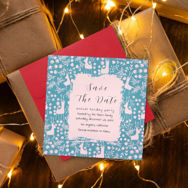 Nordic Reindeer Floral | Blush on Teal Christmas  Save The Date (Creator Uploaded)