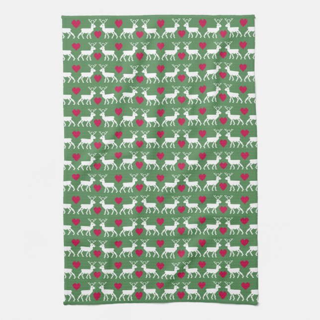 Nordic Reindeer & Hearts Pattern Tea Towel (Vertical)