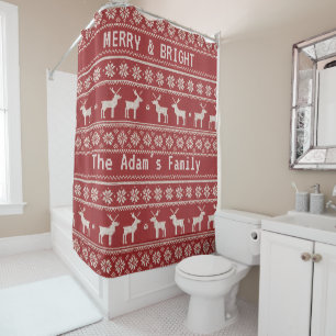 Nordic Reindeer Knit Pattern Christmas Red Shower Curtain