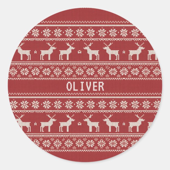 Nordic Reindeer Knit Pattern Personalized  Classic Round Sticker (Front)