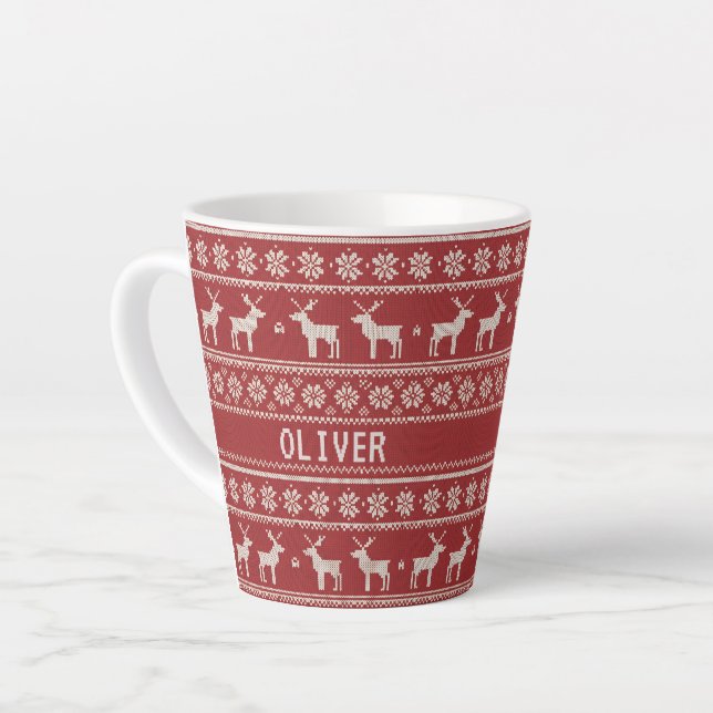 Nordic Reindeer Knit Pattern Personalized  Latte Mug (Left Angle)