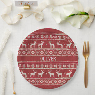 Nordic Reindeer Knit Pattern Personalized Paper Plate