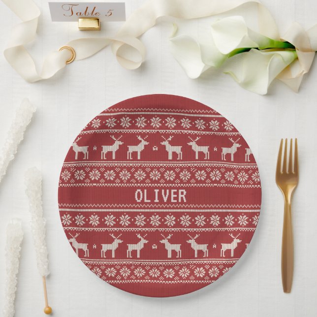 Nordic Reindeer Knit Pattern Personalized Paper Plate (Wedding)