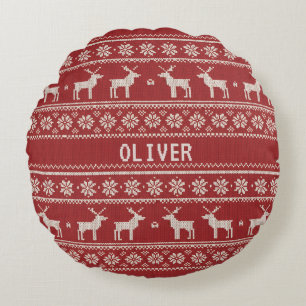 Nordic Reindeer Knit Pattern Personalized Round Cushion