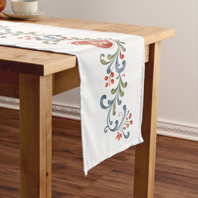 Nordic Rosmaling Norwegian Folk Art Heart Long Table Runner (In Situ)