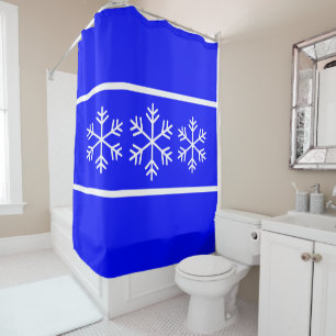 Nordic Royal Blue White Alpine Snowflakes Stripes Shower Curtain