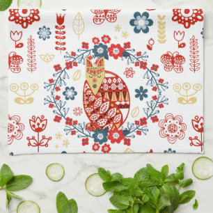 Nordic Scandi Folk Art Woodland Red Fox Flowers Tea Towel