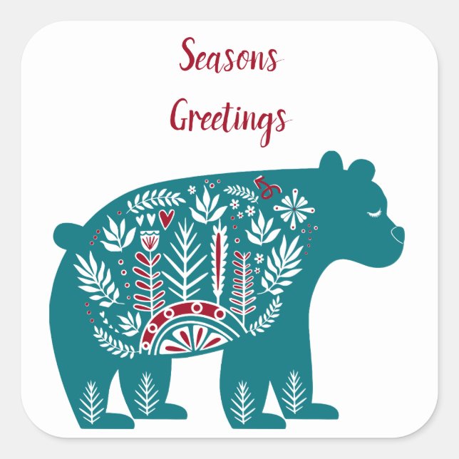 Nordic Scandinavian Blue and Red Bear Square Sticker (Front)
