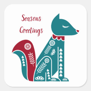 Nordic Scandinavian Blue and Red Fox Square Sticker
