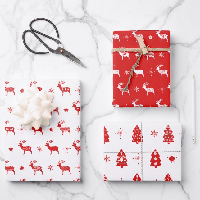 Nordic Scandinavian Reindeer Christmas  Wrapping Paper Sheet (Front)
