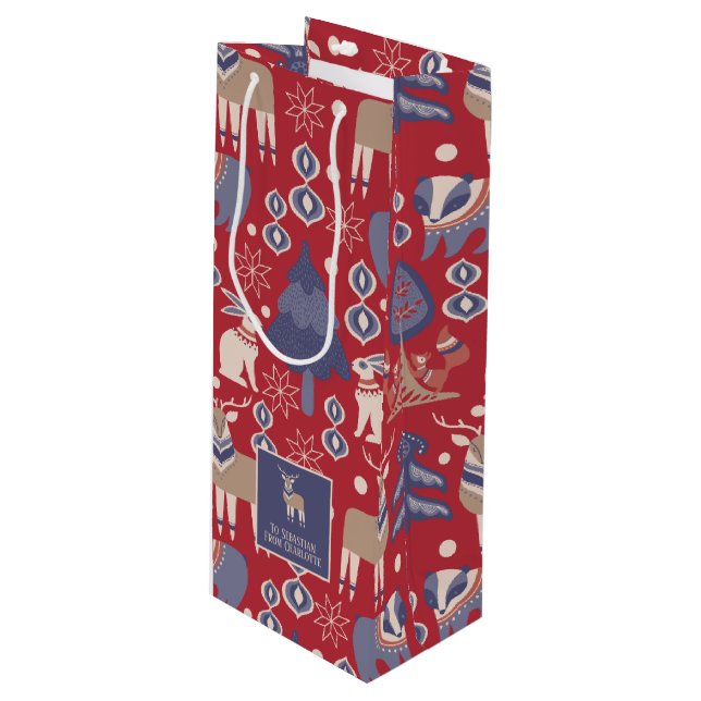 Nordic Scandinavian Woodland Christmas Wine Gift Bag (Front Angled)