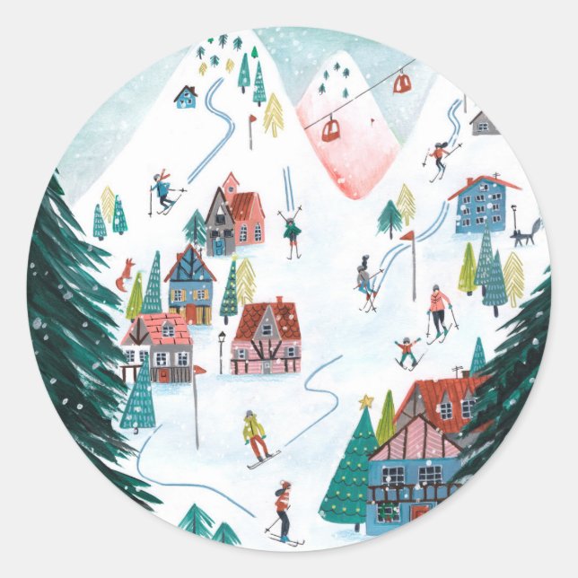 Nordic ski lodge skating Christmas Classic Round Sticker (Front)