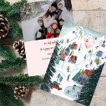 Nordic ski lodge skating Christmas Family Photo Holiday Card<br><div class="desc">Cute blue and green Alpine ski lodge cosy chalet skating & skiing people and children winter fun Christmas in nature with white snow illustration. Original artwork by Caroline Bonne Müller.</div>