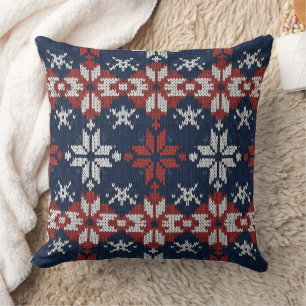 Nordic Snowflake Knit Pattern in Navy, Red, White Cushion