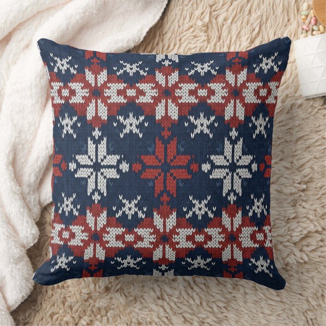 Nordic Snowflake Knit Pattern in Navy, Red, White Cushion (Blanket)