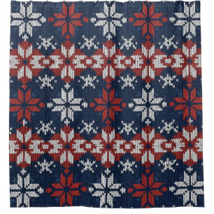 Nordic Snowflake Knit Pattern in Navy, Red, White Shower Curtain