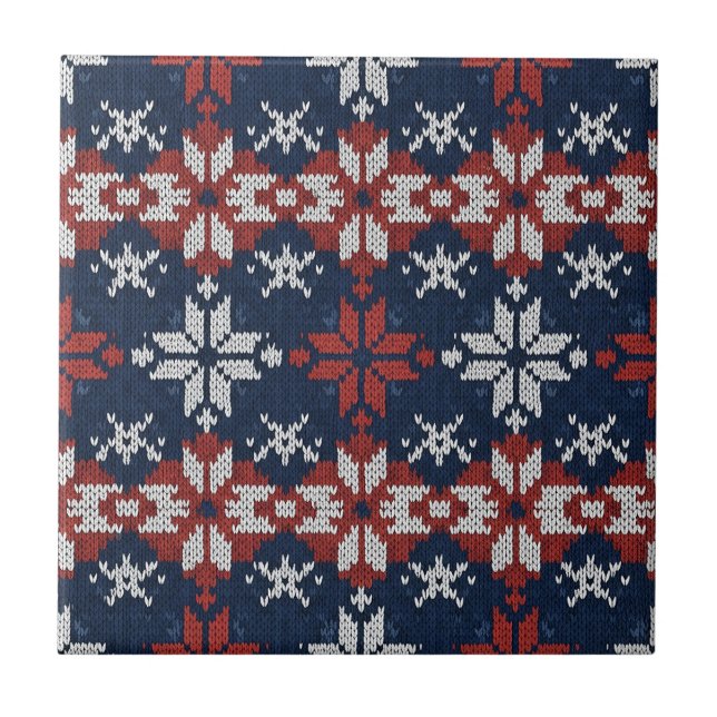 Nordic Snowflake Knit Pattern in Navy, Red, White Tile (Front)