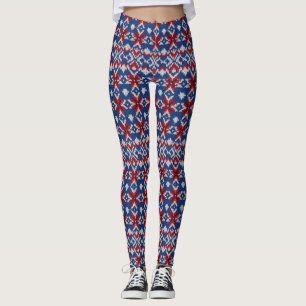 Nordic Snowflake Knit Pattern - Navy, Red, White 2 Leggings