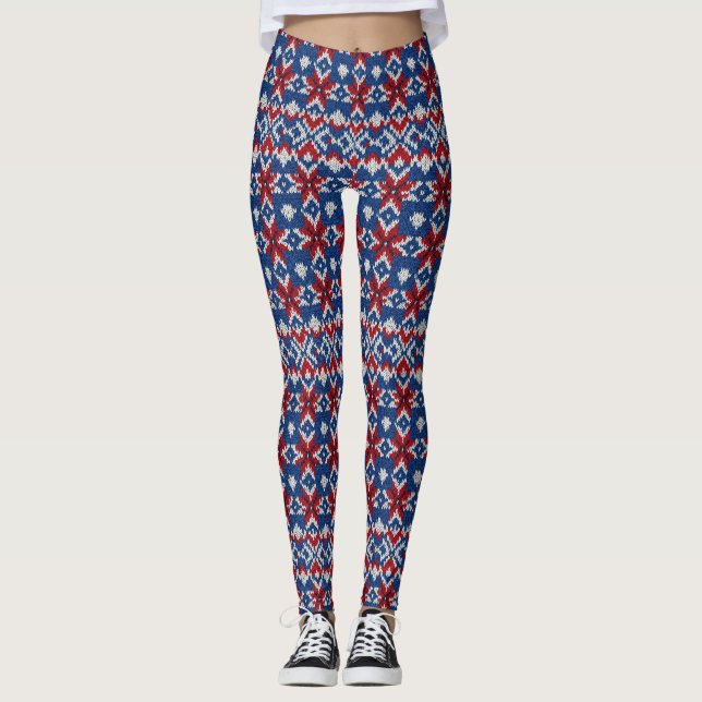 Nordic Snowflake Knit Pattern - Navy, Red, White 2 Leggings (Front)