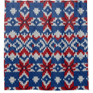 Nordic Snowflake Knit Pattern - Navy, Red, White 2 Shower Curtain