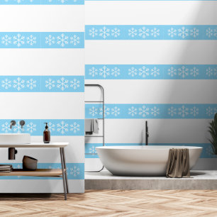 Nordic Snowflakes Frost Blue Stripes On White Wallpaper