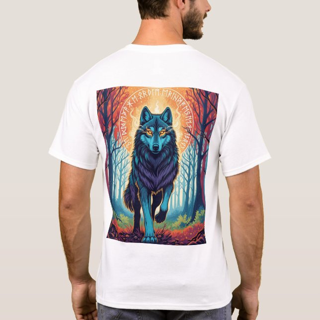 Nordic Spirit Wolf T-Shirt with Runes and Forest  (Back)