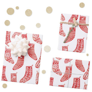 Nordic Stockings Red and White Wrapping Paper Sheet