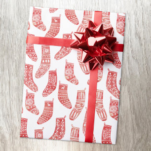 Nordic Stockings Scandinavian Christmas Red White  Wrapping Paper