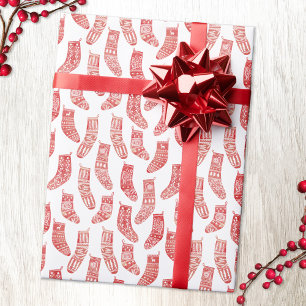 Nordic Stockings Scandinavian Christmas Red White Wrapping Paper