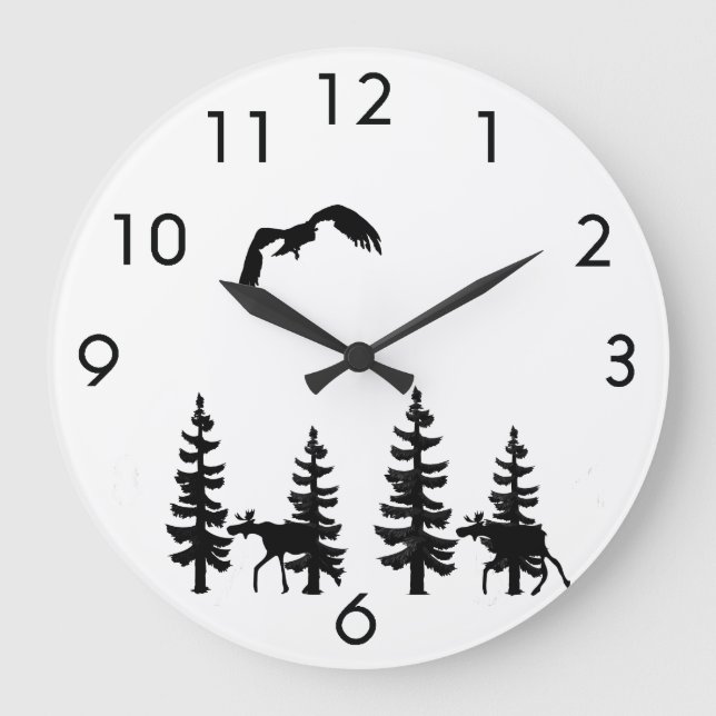 Nordic style pine trees silhouettes moose in black large clock (Front)