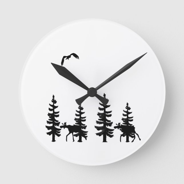 Nordic style pine trees silhouettes moose in black round clock (Front)