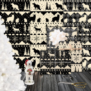 Nordic Sweater Beige Black Plaid Winter Animals Wrapping Paper Sheet